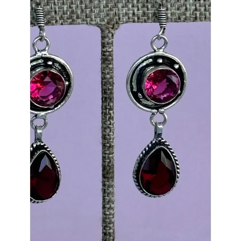 925 Silver Garnet & Pink Topaz Dangle Earrings